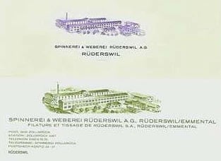 Zwei alte Briefköpfe der Spinnerei & Weberei Rüderswil AG mit gezeichneter Fabrikansicht